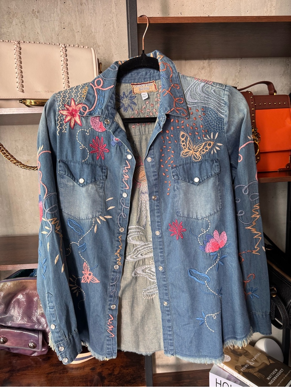 Johnny Was Blue Embroidered Denim Button-Down Shirt - XXS - NWOT